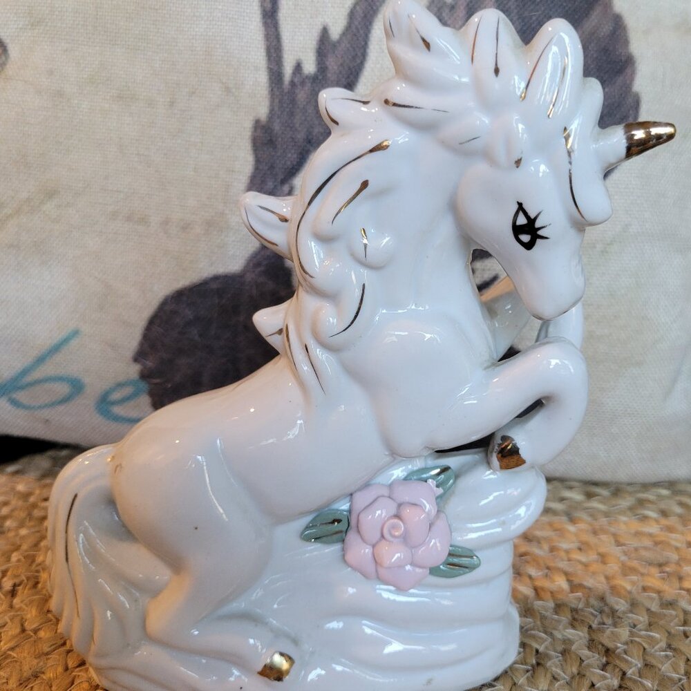Vintage Porcelain Unicorn Rearing with Pink Applied Flower